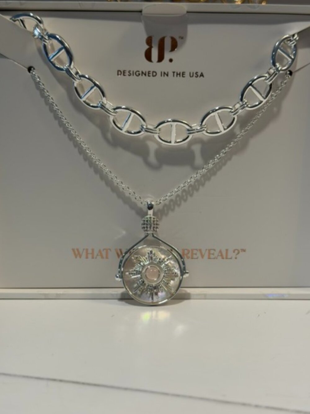 BP Bomb Party Luxe Layers "We Don't Compete" Necklace Set Pink Quartz MOP NEW